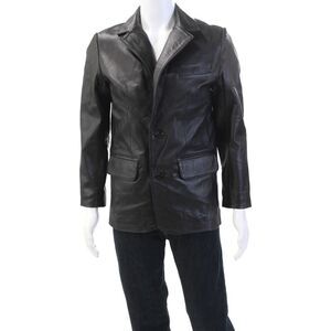 Jaklez Mens Leather Notched Collared Long Sleeve Blazer Jacket Black Size S